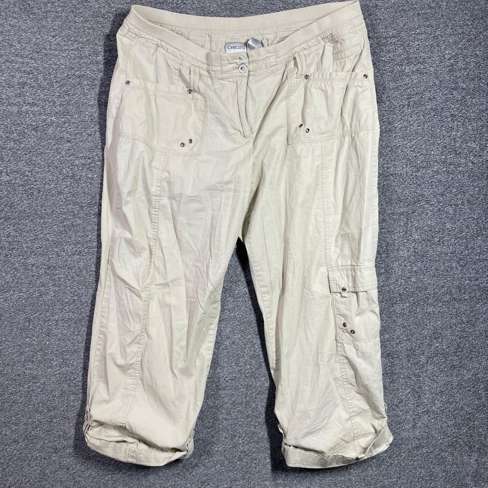 Chicos Cargo Crop Pants Beige‎ Tan Elastic Waist Utility Capris Size 3 XL